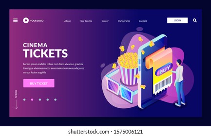 Buying Cinema Or Concert Tickets Online. Vector 3d Isometric Illustration. Movie Premiere, Theater Show, Entertainment Concept. Web Landing Page, Banner Design Template With Neon Gradient Background