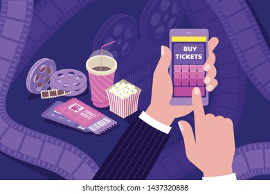Buying cinema tickets online isometric composition with holding smartphone hand popcorn movie film bobbins background vector illustration