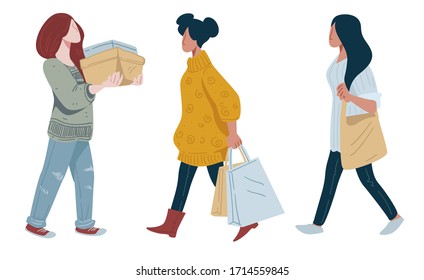 Buying clothes and food, women on shopping with bags and clothing pile isolated female characters vector. Girls carrying packages, discount or sale. Paper packs and garments stack, supermarket or mall