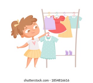 Buying clothes. Girl and dress, clothes rack. Cartoon child in fashion store choosing new look vector illustration