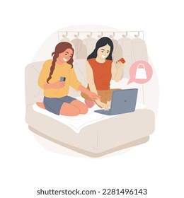 Buying clothes isolated cartoon vector illustration. Happy girls choosing trendy clothes on website in bedroom, smiling teens making purchase via Internet, online shopping vector cartoon.