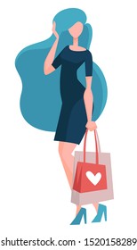 Buying clothes on sale, woman on shopping with bags and purse isolated female character vector. Girl in skinny dress carrying packages, discount. Stylish outfit and paper packs, supermarket or mall