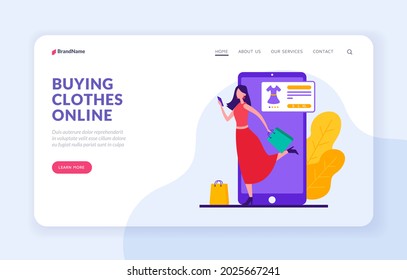 Buying clothes online. Mobile application for choosing desired product with delivery services. Fashion shops on websites with bonus gifts. Digital marketing with retail. Vector flat home page banner