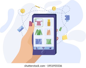 Comprando ropa en una tienda online. Haga rápidamente compras desde la comodidad de su hogar. El servicio de compras en la aplicación móvil. Ilustración vectorial plana.
