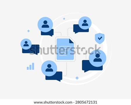 Buying committee with stakeholder alignment, collaborative purchase decisions and B2B decision making. Team communication, buyer consensus and enterprise sales vector illustration.