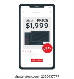 Buying a computer online shopping app vector. one high value computer with price on mobile screen, buy a computer on online store. computer online purchase concept. Modern flat design. 1911