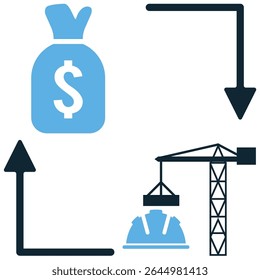 Comprar ícone de construção vetor, simbolizando investimento em propriedade ou materiais de construção. Ideal para imóveis, compras, compra de casas e financiamento para desenvolvimento.