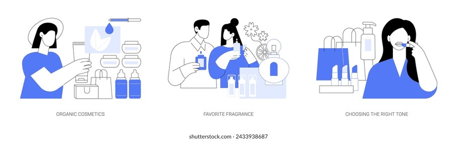 Buying cosmetics isolated cartoon vector illustrations set. Choosing cosmetics in organic beauty shop, people choosing perfumes, select fragrance, try lipstick tone in makeup store vector cartoon.