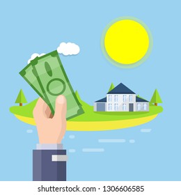 Buying a country house. Renting a cottage and Villa. Big hand with green money cash. Resort in the natural landscape. A place to relax on the lake. Summer season. Cartoon flat illustration