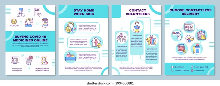 Buying covid19 medicine online brochure template. Contactless delivery. Flyer, booklet, leaflet print, cover design with linear icons. Vector layouts for magazines, annual reports, advertising posters