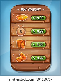 Buying Credits Interface For Ui Game/
Illustration of a cartoon design wood panel, with buying credits levels, price options and coins, dollar bag and gold ingot, for game ui on tablet pc, on blue sky
