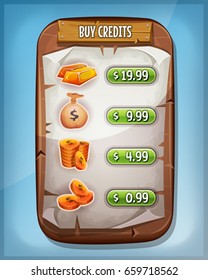 Buying Credits Interface For Ui Game/
Illustration of a funny cartoon wood panel, with buying credits levels and price options, coins, dollar bag and gold ingot, for game ui app on tablet pc