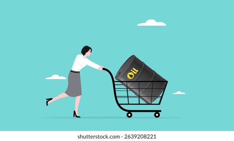 buying crude oil investments, Business woman buy barrels of oil using shopping charts, buy crude oil stocks to make a profit, crude oil investment transactions, global petroleum buying and selling