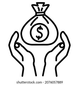 Buying currency, making a profit, secretly transferring cash. The bag of money falls into his hands. A dollar coin in a bag over your hands. Vector icon, outline, isolated. Editable stroke.