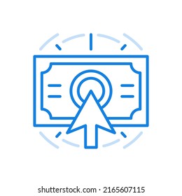 
Kauf eines Währungs-Vektorsymbol. Zahlungen leisten und Bargeld kaufen. Pfeil, der auf die Banknote drückt. Börsendienstleistungen und geschäftliche Umstellung. Erfolgreiche elektronische Transaktionen und Marketing.