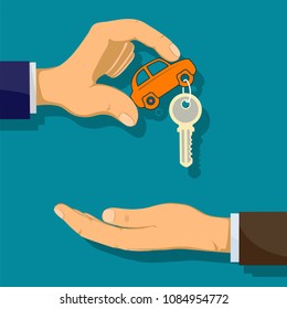 Buying at the dealership. Man holds car key in his hand. Stock vector illustration