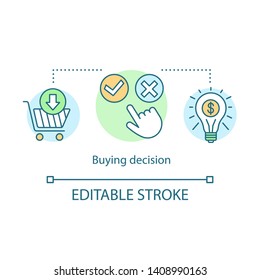 Buying decision concept icon. Online shopping idea thin line illustration. Decision making, purchasing on internet vector isolated outline drawing. Yes, no button, check, cross. Editable stroke