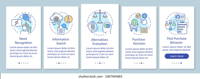 Buying decision process onboarding mobile app page screen with linear concepts. Evaluating items walkthrough steps graphic instructions. UX, UI, GUI vector template with illustrations