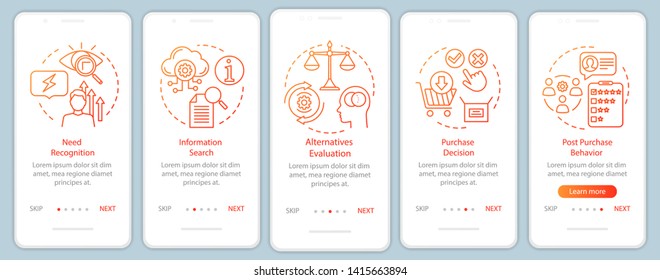 Buying decision process orange gradient onboarding mobile app page screen vector template. Purchasing items walkthrough website steps with linear illustration. UX, UI, GUI smartphone interface concept