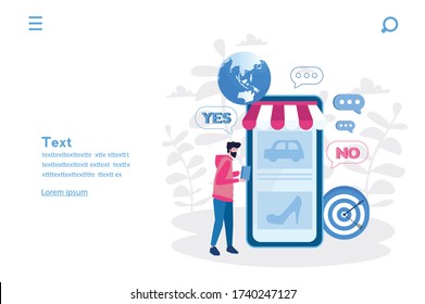 Decisión de compra Ilustración vectorial para banner web, infografía, móvil. Comprar sí no