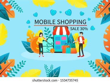 Buying Discounted products Through the Mobile App Store, Online Shopping on Mobile, Mobile Shopping Business E-commerce Illustration,