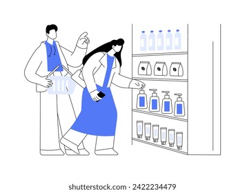 Buying essentials isolated cartoon vector illustrations. Happy couple choosing essentials in a supermarket, looking at product shelves, people lifestyle, grocery shopping vector cartoon.