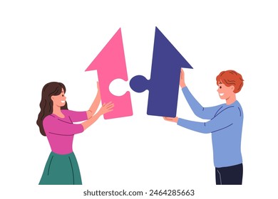 Buying family property by couple of man and woman putting together large puzzle in shape of house. Happy young people strive to rent apartment or buy house to improve living conditions