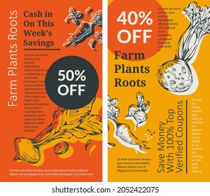Buying farm roots with reduction of price and coupons. Beetroot and celery with leaves, carrot and organic meal food. Promotional banner, poster with discounts and sales. Vector in flat style