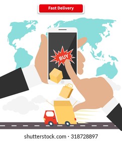 Buying and fast delivery by smartphone. Online internet retail, web service, e-commerce and purchase, marketing commerce, deliver and receive, transportation and shopping illustration