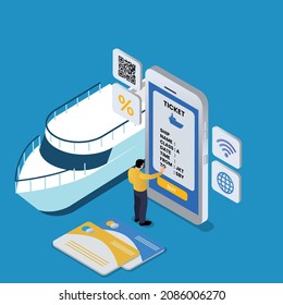 Buying ferry or cruise ticket on mobile phone online isometric 3d vector concept for banner, website, illustration, landing page, flyer, etc.