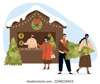 Buying fir trees in Christmas stall. Men and women with Christmas tree. Symbol of winter holidays and New Year. Traditions and culture. Poster or banner For website. Cartoon flat vector illustration