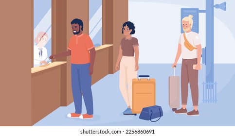 Comprando billetes de vuelo a color plano ilustración vectorial. Viajeros con maletas y pertenencias esperando en fila. Personajes de dibujos animados 2D sencillos totalmente editables con el interior de la terminal del aeropuerto en segundo plano