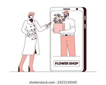 Buying flowers through online shop with application available on smartphone, outline style, vector illustration of florist.