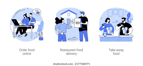 Buying food online isolated cartoon vector illustrations set. People order food on website with laptop, restaurant delivery service with courier, eating take away meal at home, vector cartoon.