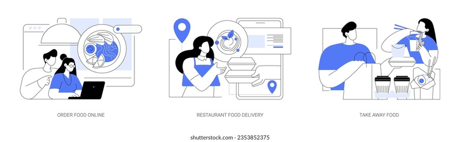 Buying food online isolated cartoon vector illustrations set. People order food on website with laptop, restaurant delivery service with courier, eating take away meal at home, vector cartoon.