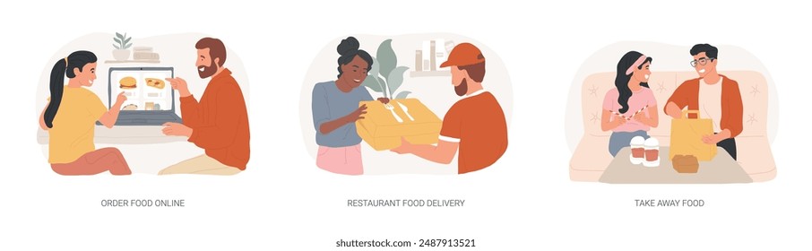 Comprar comida en línea Ilustraciones vectoriales de dibujos animados aislados conjunto. Personas pedir comida a Sitio web con ordenador portátil, servicio de entrega a domicilio con mensajería, comida para llevar en casa, dibujos animados de Vector.