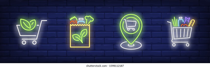 Buying fresh food neon sign set. Shopping cart, package, green leaf, location pin. Vector illustration in neon style, bright banner for topics like supermarket, grocery shop, navigation