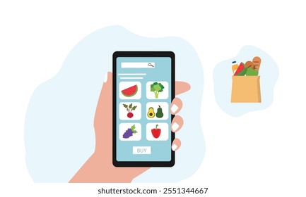 Compra de comestibles frescos en línea a través del teléfono inteligente. Mano humana sosteniendo el teléfono móvil, Añadir a la lista de Carritos y deseos online.flat Ilustración vectorial.