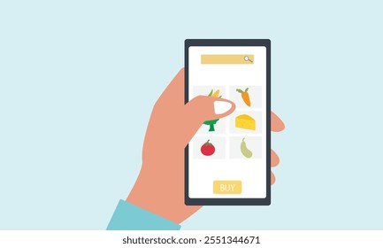 Compra de comestibles frescos en línea a través del teléfono inteligente. Mano humana sosteniendo el teléfono móvil, Añadir a la lista de Carritos y deseos online.flat Ilustración vectorial.