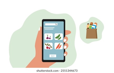 Compra de comestibles frescos en línea a través del teléfono inteligente. Mano humana sosteniendo el teléfono móvil, Añadir a la lista de Carritos y deseos online.flat Ilustración vectorial.