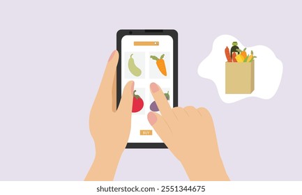 Compra de comestibles frescos en línea a través del teléfono inteligente. Mano humana sosteniendo el teléfono móvil, Añadir a la lista de Carritos y deseos online.flat Ilustración vectorial.