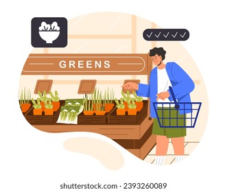 Comprar microvegetales frescos. Mujer con carrito cerca de brotes en macetas de flores. Botánica y floristería. Afiche o cartel para el sitio web. Dibujo vectorial plano de dibujos animados aislado en fondo blanco