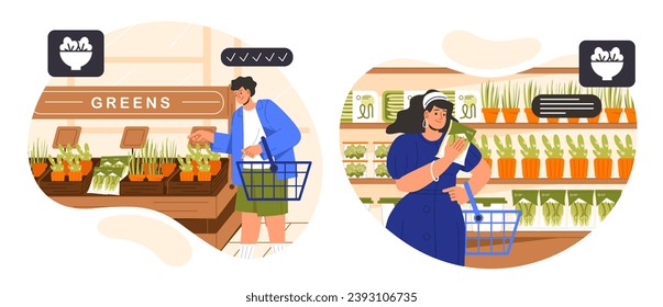 Buying fresh microgreens set. Man and woman with shopping carts near vegeatbles and sprouts. Gardening and horticulture, botany. Cartoon flat vector collection isolated on white background