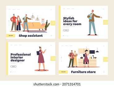 Buying Furniture For Home With Help Of Interior Designer Concept Of Lancing Pages Set With Shop Assistant In Retail Store Consulting Buyers On Design Ideas. Cartoon Flat Vector Illustration