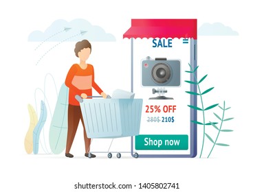 Buying gadgets online flat vector illustration. Man with shopping cart looking for discount. Customer using e-store, ordering action camera in Internet. Boy using smartphone eshopping application.
