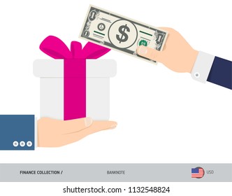 Buying a gift for 1 US Dollar. Flat style vector illustration. Shopping and finance concept. 
