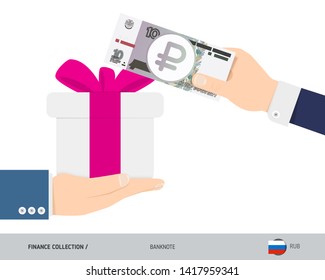Buying a gift for 10 Russian Ruble. Flat style vector illustration. Shopping concept.