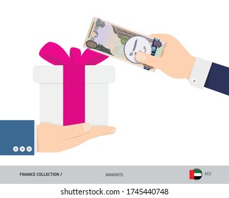 Buying a gift for 1000 United Arab Emirates Dirham banknote. Flat style vector illustration. Shopping and finance concept.