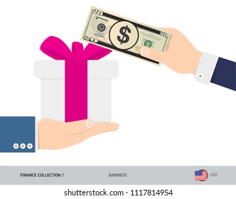 Buying a gift for 20 US Dollar. Flat style vector illustration. Shopping and finance concept.