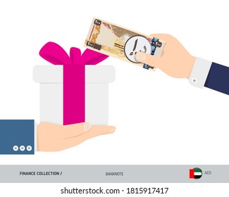 Buying a gift for 200 United Arab Emirates Dirham banknote. Flat style vector illustration. Shopping and finance concept.